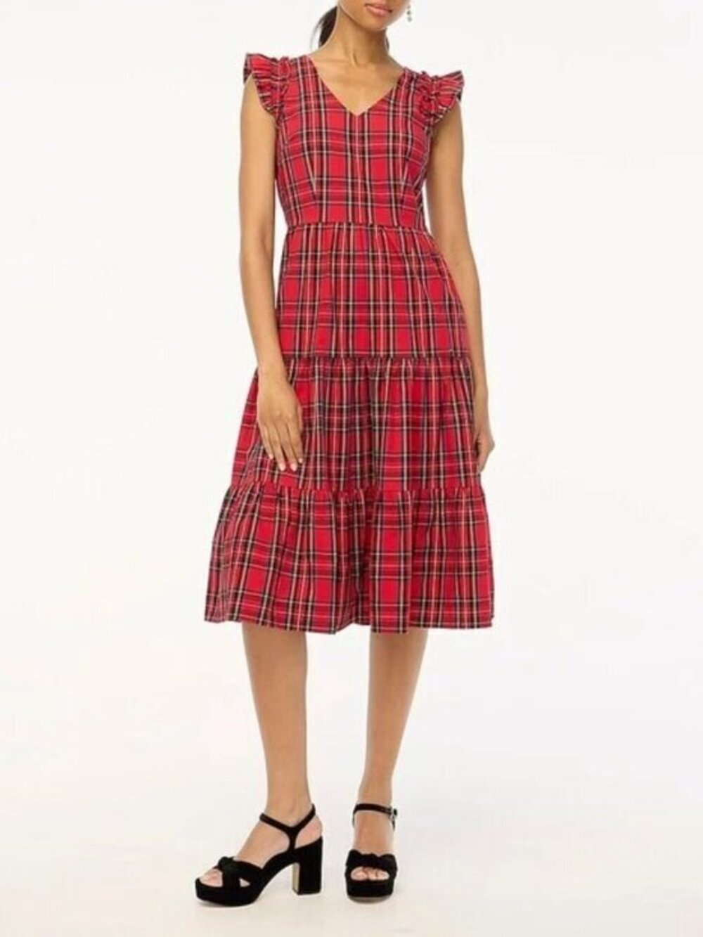 New J.Crew Stretch Cotton Tartan Tiered Midi Dress Red Black 12